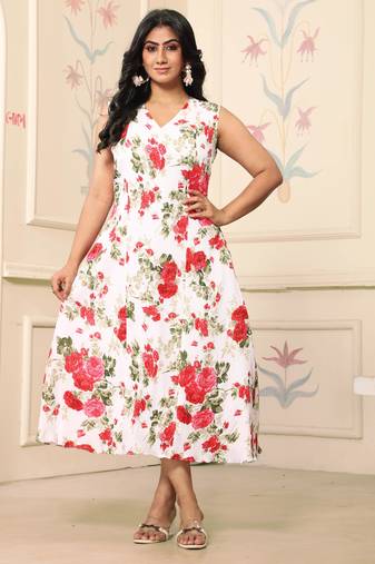 Women red all-over floral print polyster fit & flare midi dress