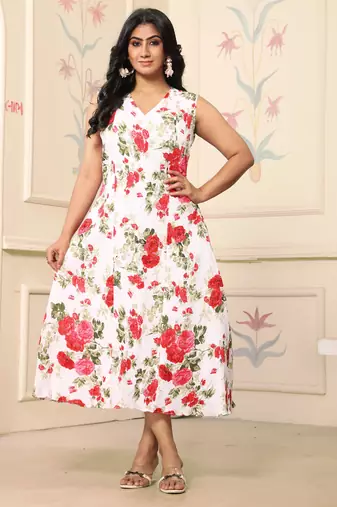 Women red all-over floral print polyster fit & flare midi dress