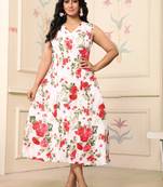 Women red all-over floral print polyster fit & flare midi dress