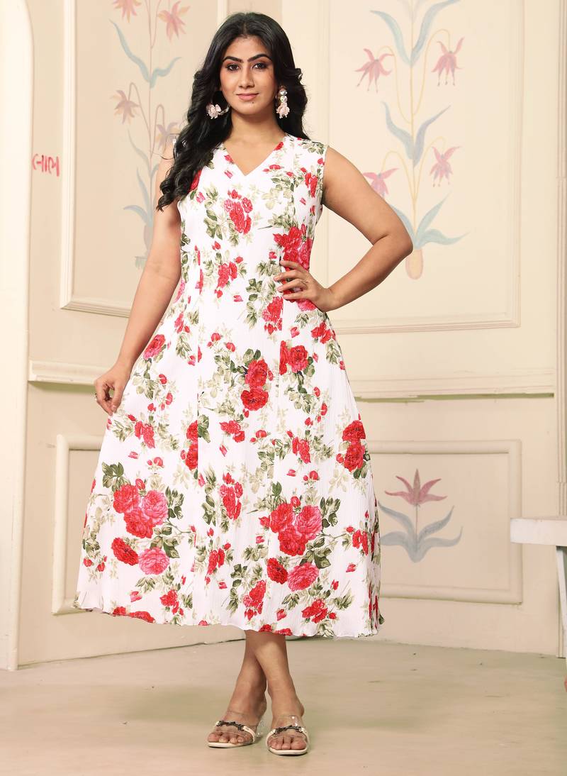 Women red all-over floral print polyster fit & flare midi dress