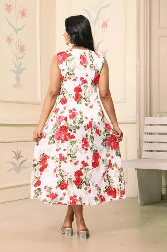 Women red all-over floral print polyster fit & flare midi dress
