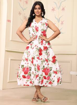 Women red all-over floral print polyster fit & flare midi dress 5