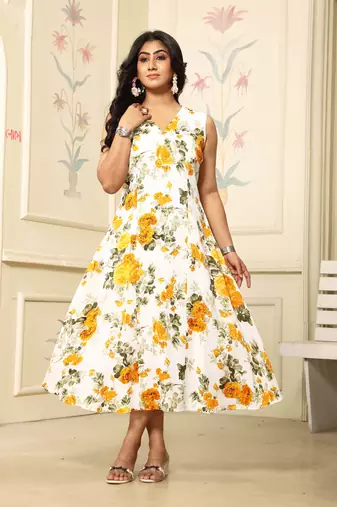 Women yellow all-over floral print polyster fit & flare midi dress