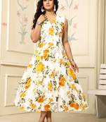 Women yellow all-over floral print polyster fit & flare midi dress