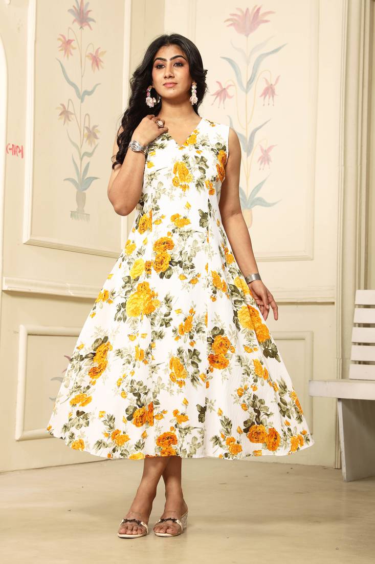 Women yellow all-over floral print polyster fit & flare midi dress