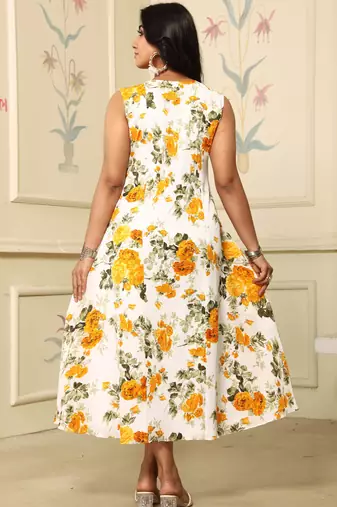 Women yellow all-over floral print polyster fit & flare midi dress