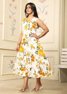 Women yellow all-over floral print polyster fit & flare midi dress 3