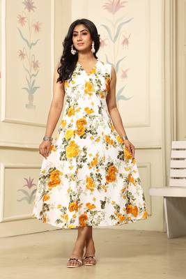 Women yellow all-over floral print polyster fit & flare midi dress 5