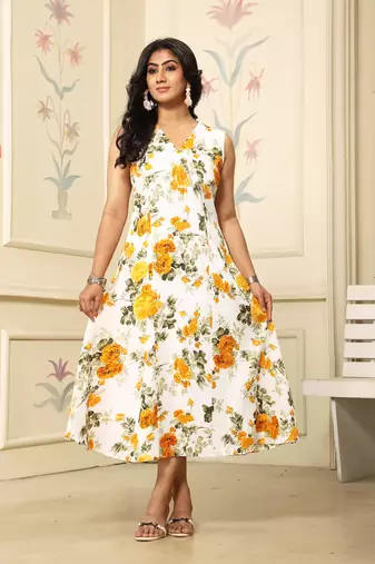 Women yellow all-over floral print polyster fit & flare midi dress