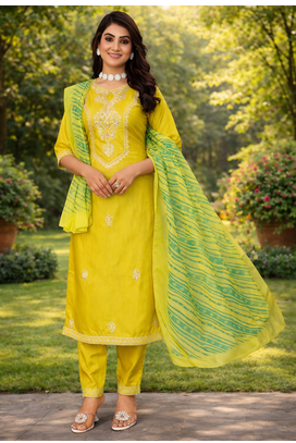YELLOW COTTON BLEND WITH EMBROIDERY WORK DESIGN WOMEN KURTI SET  1