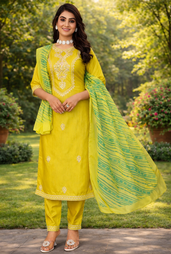 YELLOW COTTON BLEND WITH EMBROIDERY WORK DESIGN WOMEN KURTI SET 
