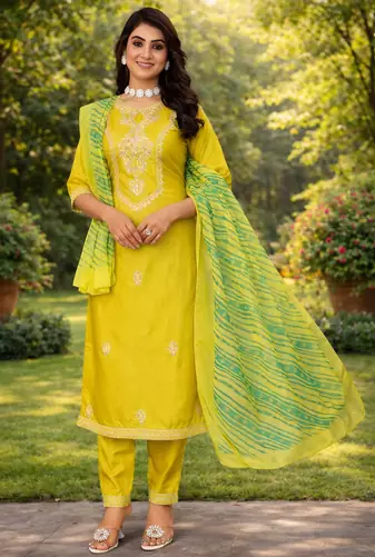 YELLOW COTTON BLEND WITH EMBROIDERY WORK DESIGN WOMEN KURTI SET 