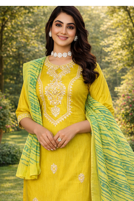 YELLOW COTTON BLEND WITH EMBROIDERY WORK DESIGN WOMEN KURTI SET  2