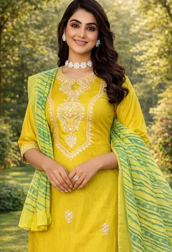 YELLOW COTTON BLEND WITH EMBROIDERY WORK DESIGN WOMEN KURTI SET 