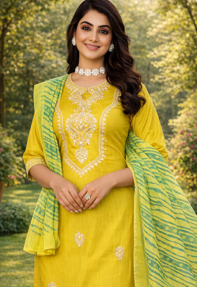 YELLOW COTTON BLEND WITH EMBROIDERY WORK DESIGN WOMEN KURTI SET 