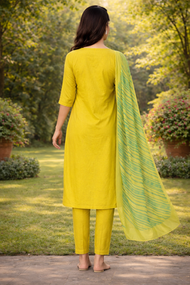 YELLOW COTTON BLEND WITH EMBROIDERY WORK DESIGN WOMEN KURTI SET  3