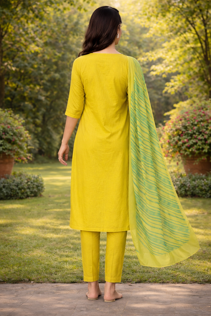 YELLOW COTTON BLEND WITH EMBROIDERY WORK DESIGN WOMEN KURTI SET 