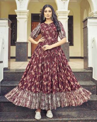 Women brown printed cotton blend anarkali dress 1