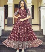 Women brown printed cotton blend anarkali dress