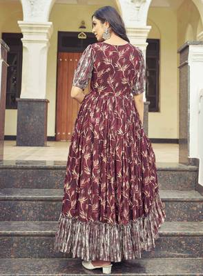 Women brown printed cotton blend anarkali dress 2