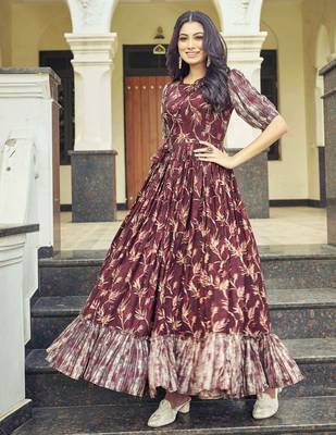 Women brown printed cotton blend anarkali dress 3