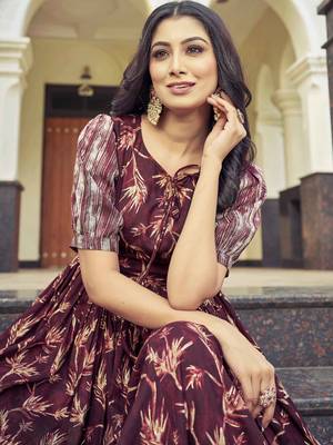 Women brown printed cotton blend anarkali dress 4