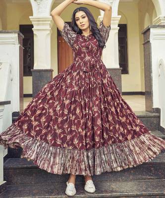 Women brown printed cotton blend anarkali dress 5