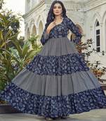 Women navy blue leaf printed tiered anarkali maxi dress