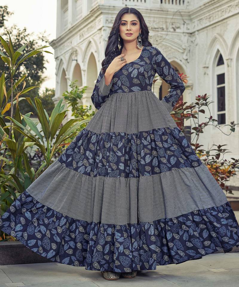 Women navy blue leaf printed tiered anarkali maxi dress