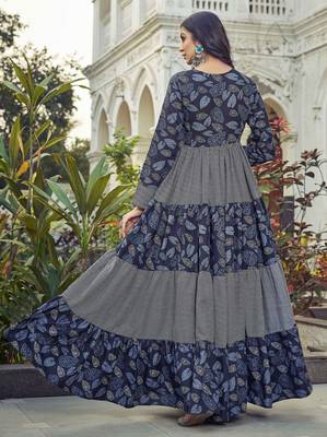 Women navy blue leaf printed tiered anarkali maxi dress 2