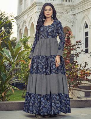 Women navy blue leaf printed tiered anarkali maxi dress 3