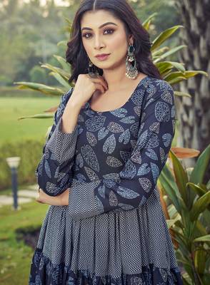 Women navy blue leaf printed tiered anarkali maxi dress 4