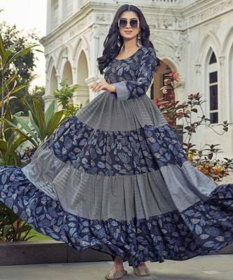 Women navy blue leaf printed tiered anarkali maxi dress 5