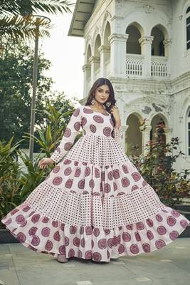Women pink block printed tiered anarkali maxi dress 1