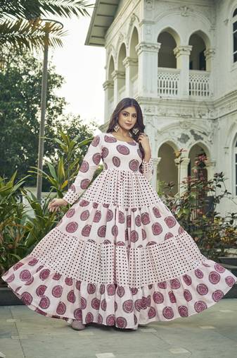 Women pink block printed tiered anarkali maxi dress