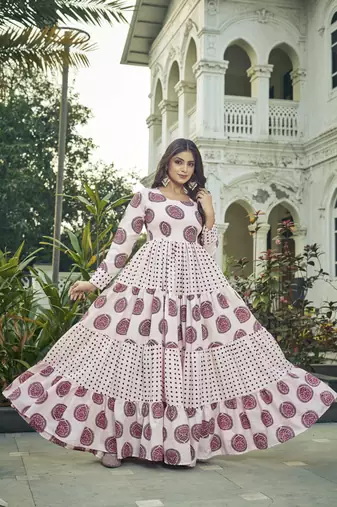 Women pink block printed tiered anarkali maxi dress