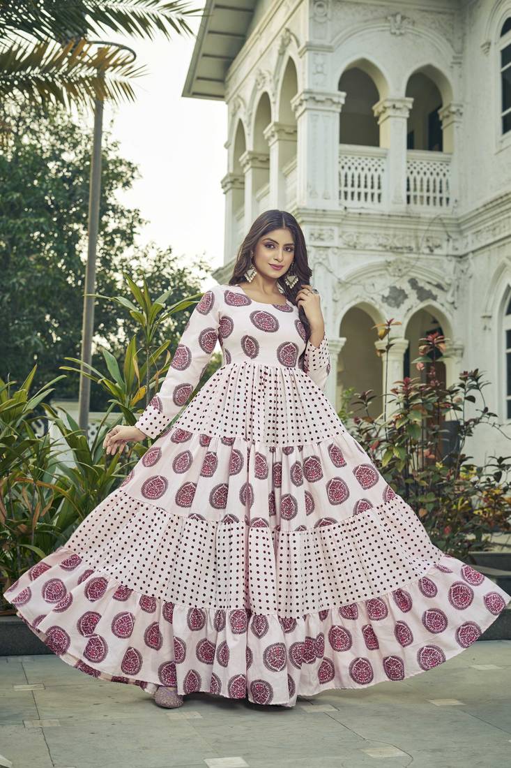 Women pink block printed tiered anarkali maxi dress