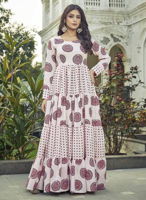 Women pink block printed tiered anarkali maxi dress 5