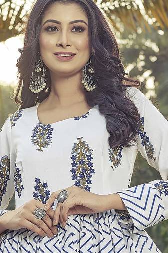 Women white floral printed tiered anarkali maxi dress
