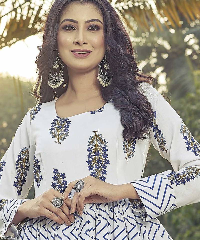 Women white floral printed tiered anarkali maxi dress