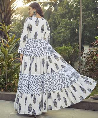 Women white floral printed tiered anarkali maxi dress 2