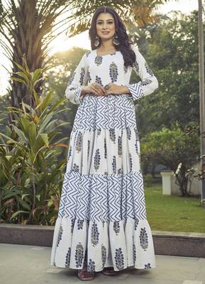 Women white floral printed tiered anarkali maxi dress 5