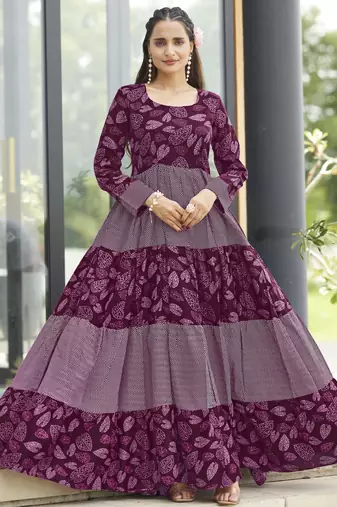 Women wine maroon leaf printed tiered anarkali maxi dress