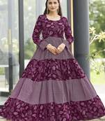 Women wine maroon leaf printed tiered anarkali maxi dress