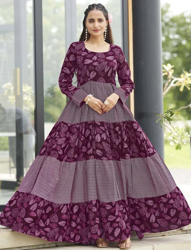 Women wine maroon leaf printed tiered anarkali maxi dress