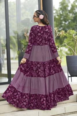 Women wine maroon leaf printed tiered anarkali maxi dress 2