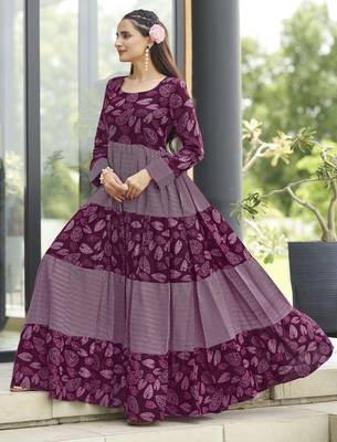 Women wine maroon leaf printed tiered anarkali maxi dress 3