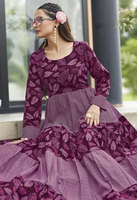 Women wine maroon leaf printed tiered anarkali maxi dress 4