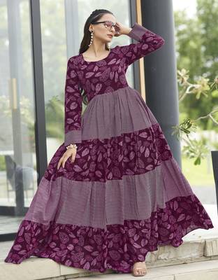 Women wine maroon leaf printed tiered anarkali maxi dress 5