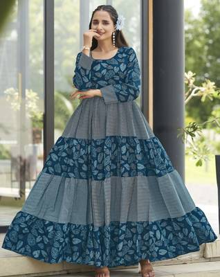 Women petrol blue leaf printed tiered anarkali maxi dress 1